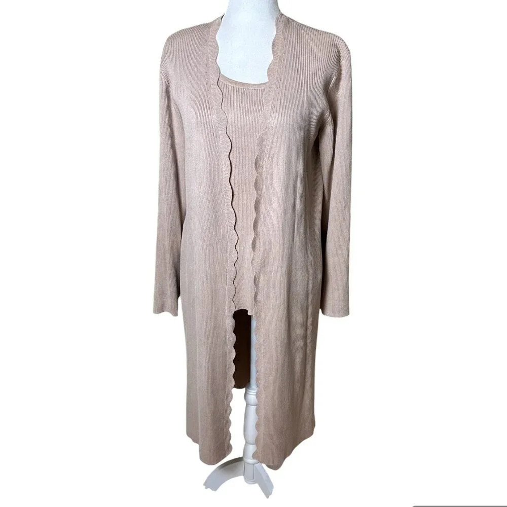 CABLE & GAUGE Ribbed Knit Sweater Set Scalloped Tank Top & Cardigan - size Large